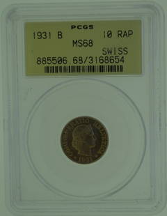 1931-B 10 Rap Swiss PCGS MS68: 1931-B Switzerland 10 Rappen , NGC MS68, Confoederatio Helvetica. 885506.68/3168654