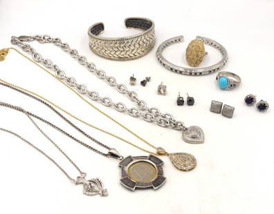Group lot of 925 Sterling silver mixed jewelry: Group lot of 925 Sterling silver mixed jewelry. Sterling silver cuff bangle. Judith Ripka bangle. black diamond stud earrings. Turquoise ring. Diamond heart shaped pendant on chain. Pear shaped diamon