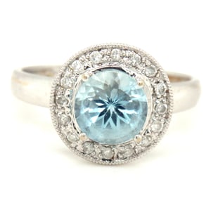 14kt White gold blue topaz and diamond ring