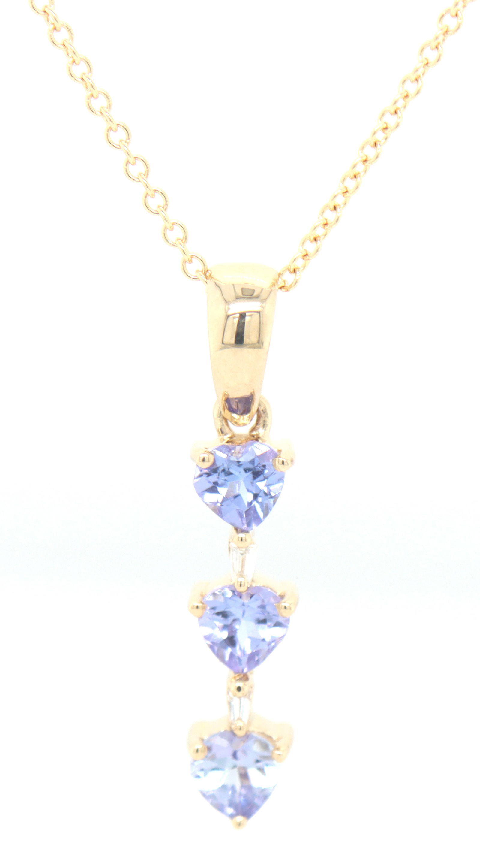 14kt Yellow gold 3 heart Tanzanite and baguette bar pendant on chain (1 of 5)