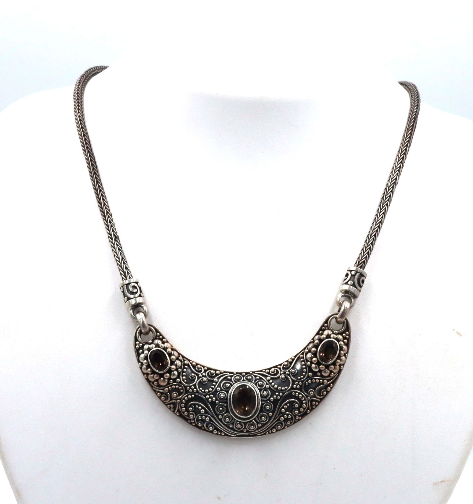 Suarti Bali sterling silver BA smokey quartz beaded scroll panel necklace (1 of 6)