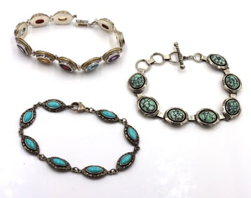 925 Vintage Sterling Silver Turquoise and multi Stone Bracelet Lot