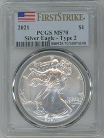 2021 $1 Silver Eagle Type 2 PCGS MS70 FIRST STRIKE Flawless
