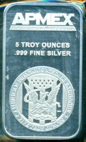 Apmex 5 Troy Oz pure .999 fine silver bar in plastic