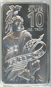 Freedom 10 Troy Oz. Pure .999 Silver Bar in plastic