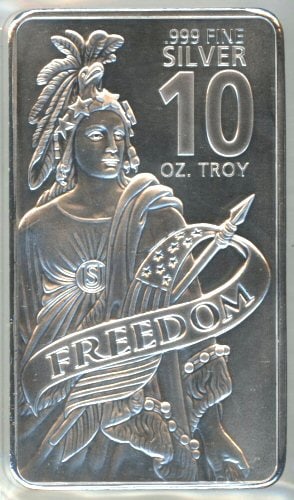 Freedom 10 Troy Oz. Pure .999 Silver Bar in plastic (1 of 2)
