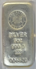 Silver Emirates 5 Troy Oz pure .999 Fine Mint bar in plastic