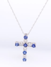 Fantastic White Gold Sapphire and Diamond accent Cross Pendant on Chain