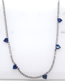 Sterling Silver Blue Heart Shaped Cubic Zirconia w White Cubic Zirconia Necklace