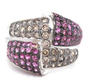 14kt White gold pink and smokey quartz cocktail ring