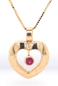 14kt Yellow gold Heart pendant with bezel set ruby on box chain necklace