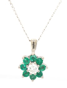 14kt White gold diamond and Emerald flower pendant on chain necklace