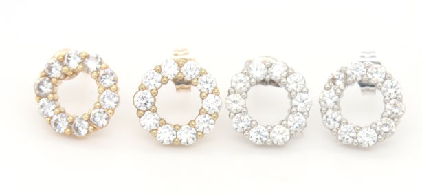 2 Pairs of 14kt gold Cubic Zirconia round earrings