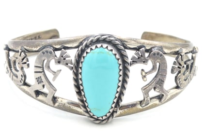 Vintage 925 sterling silver signed Southwest Estate bracelet with oval turquoise and kokopellis