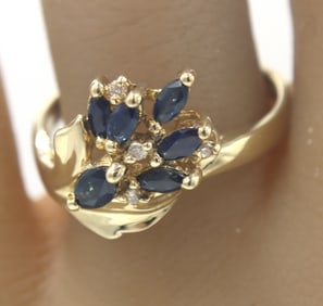 14kt Yellow gold marquise blue sapphire and diamond cluster ring