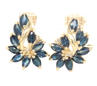 14kt Yellow gold marquise blue sapphire and diamond accent flower leaf stud earrings