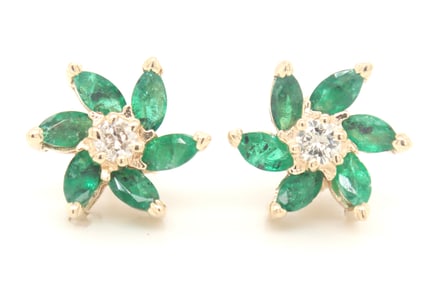 14kt Yellow gold Marquise emerald and diamond flower stud earrings