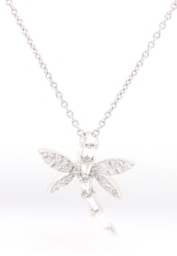 18kt White gold baguette and round diamond dragonfly pendant on chain