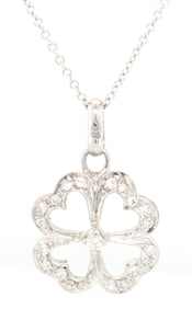 18kt White gold diamond heart clover charm pendant on chain