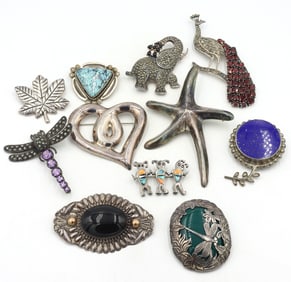 Big group lot of Vintage 925 sterling silver gemstone brooches
