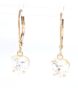 14kt Yellow gold heart shaped cubic zirconia dangle earrings