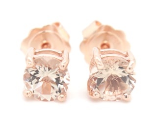 10kt Yellow gold round brilliant cut peach morganite stud