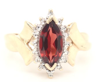 10kt Yellow gold marquise garnet and diamond ring