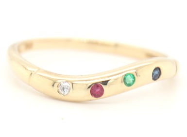 18kt Yellow gold Scatter ruby, sapphire, emerald and diamond curved band