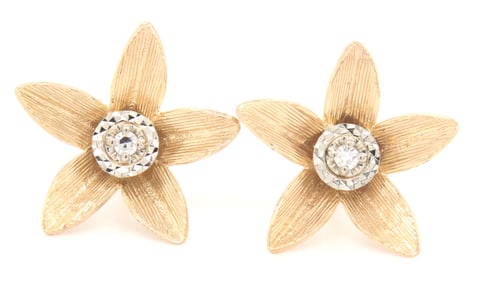 14kt Yellow gold two tone diamond accent flower earrings