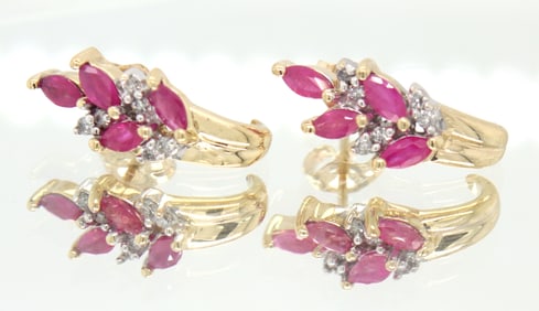 14kt Yellow gold Marquise ruby and diamond leaf J earrings