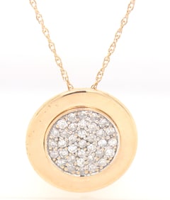 14kt Yellow gold pave diamond disk pendant on chain necklace
