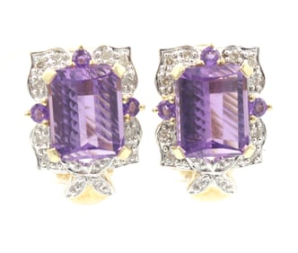 14kt two tone gold amethyst and diamond frame clip on earrings