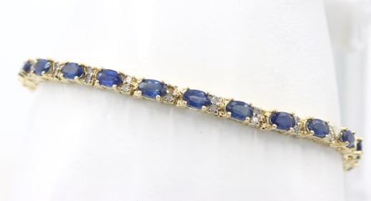 14kt Yellow gold blue sapphire and diamond tennis bracelet