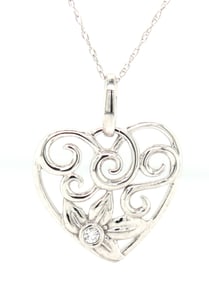 14kt White gold diamond swirl heart pendant on chain