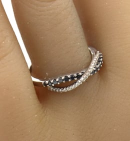 14kt White gold white and black diamond crossover ring