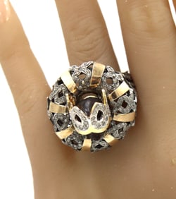 Gent's carved stone skull silver and 10kt gold diamond ring