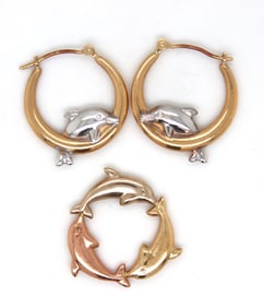 Set of 14kt Yellow gold Dolphin hoop earrings and matching pendant