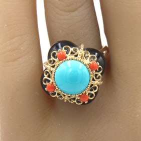 14kt Yellow gold black onyx, Turquoise and coral cocktail ring
