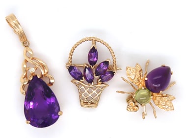 Group lot of 3 14kt Yellow gold amethyst pendants