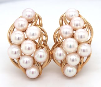 14kt Yellow gold white fresh water pearl cluster earrings