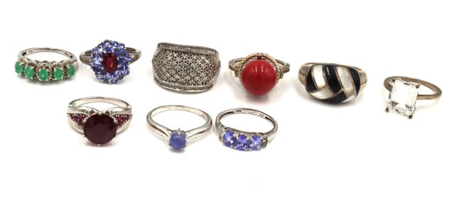 Group of 9 vintage 925 sterling silver gemstone rings