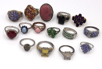 Group of 15 vintage 925 sterling silver gemstone rings