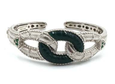 Judith Ripka sterling silver Green chalcedony emerald hinged cuff bracelet