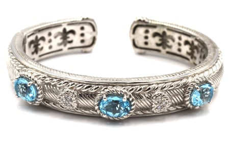 925 Sterling silver Judith Ripka signed blue topaz cuff bangle