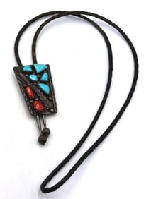 Vintage 925 sterling silver Wayne C Signed turquoise and coral Bolo tie