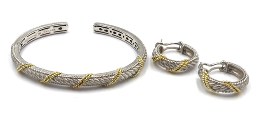 Set of Judith Ripka cuff bangle with matching hoop earrings in 925 sterling silver
