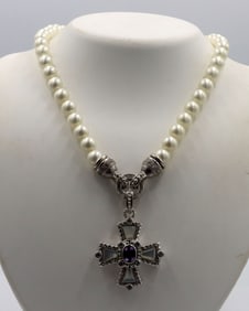 Judith Ripka pearl strand necklace with cross pendant
