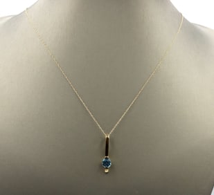 14kt Yellow gold blue topaz bar pendant on chain