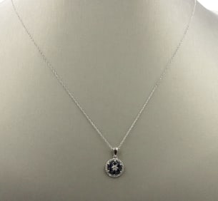 10kt White gold sapphire and diamond halo flower pendant on chain