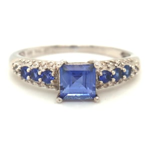 10kt White gold emerald cut blue sapphire cocktail ring